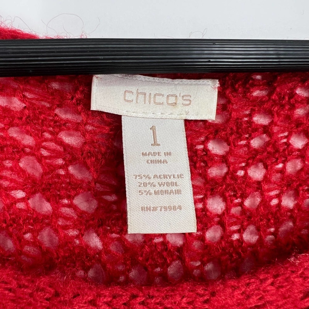 Chico's WOOL Size 1 or Medium Blouse Shirt Top Red Sweater Open Knit Christmas - Picture 2 of 5